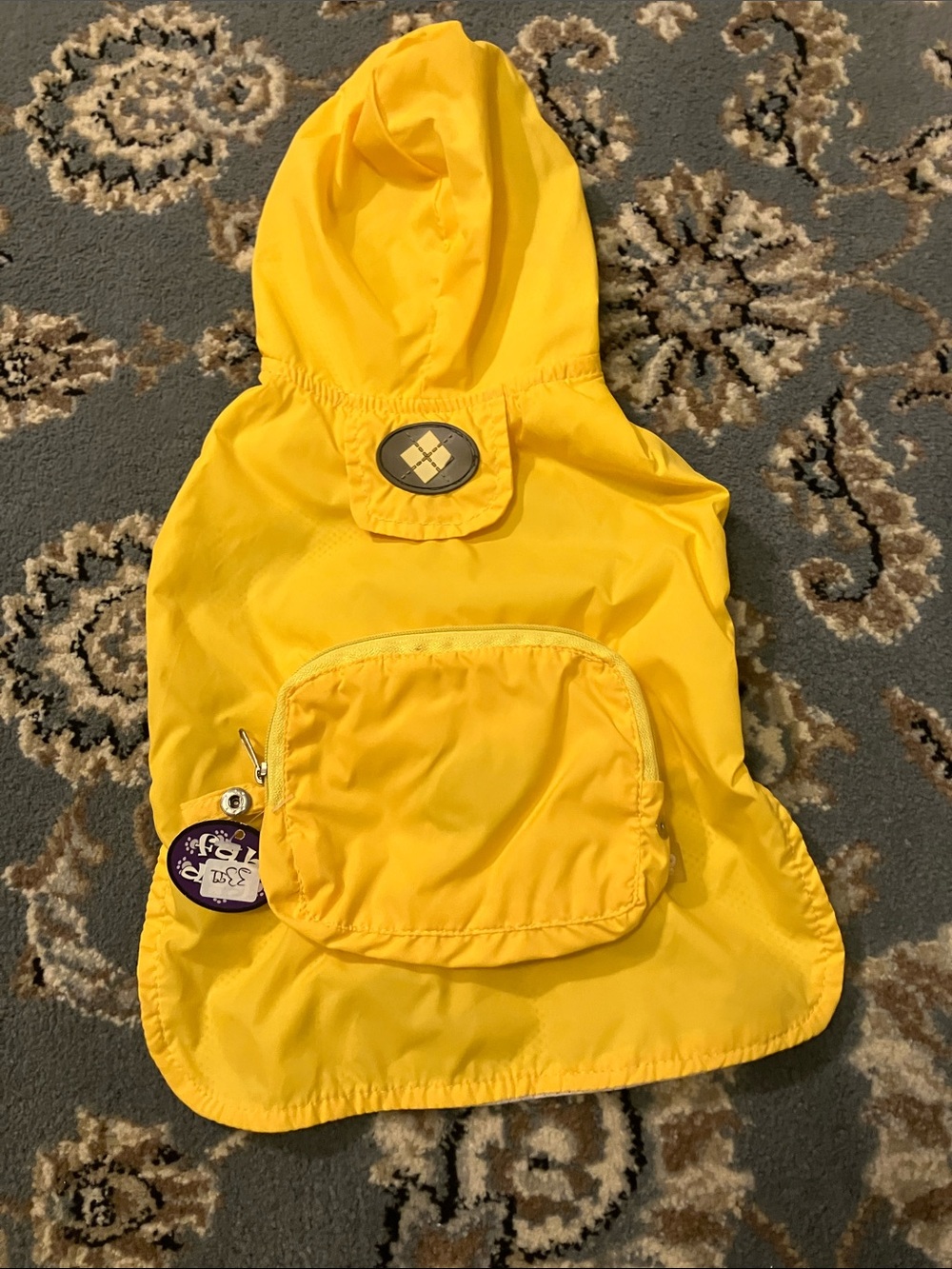 Water-Resistant Yellow Dog Hooded Rain Jacket with Front Pocket